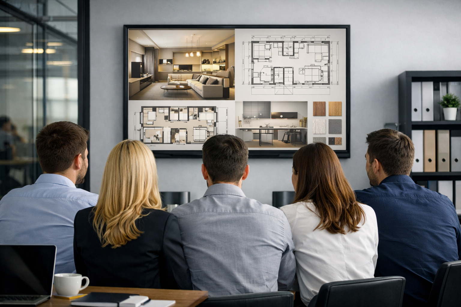 Mehrere Personen sitzen im Büro und betrachten einen großen Plan mit Grundrissen und Innenraumansichten an der Wand.